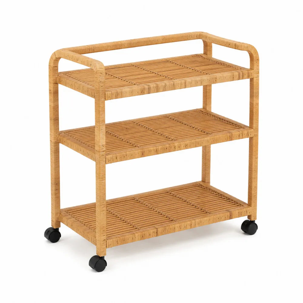 Rattan Servierwagen mit 3 Ebenen und Rollen