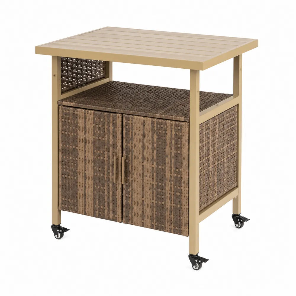 Mobiler Barwagen aus Rattan mit Ablage und Schrank in Braun und Beige