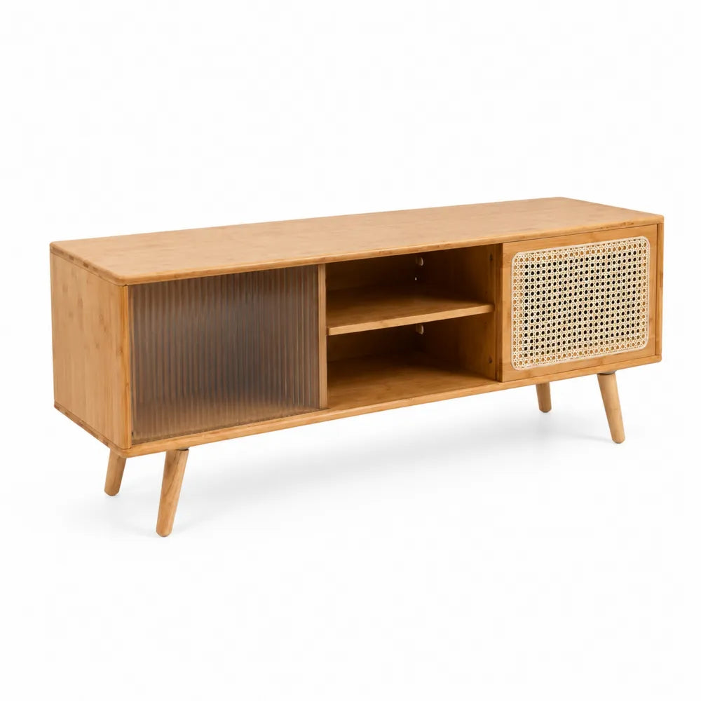 TV-Möbel Kiefernholz Glas Bambus 120x40x50cm