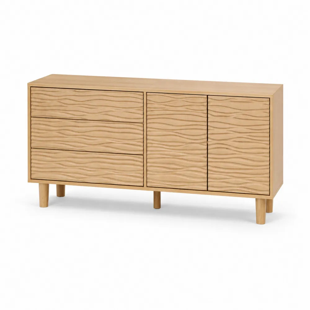 Sideboard aus furniertem Eichenholz mit Wellenmuster, Natur, 150x40x75cm