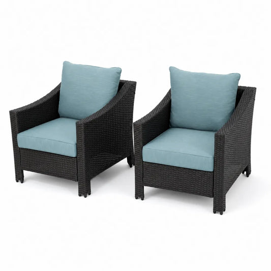 2er Set Polyrattan-Gartenstühle mit blauen Kissen