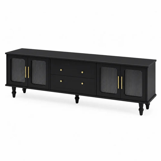 Schwarzes Holz-TV-Schrank mit geriffeltem Glastüren