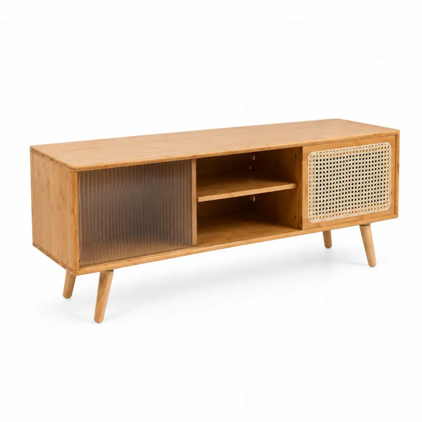 TV-Möbel Kiefernholz Glas Bambus 120x40x50cm