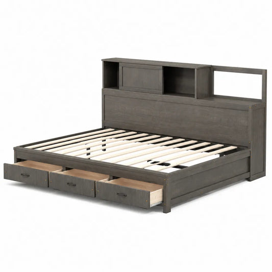 Holzbett mit Stauraum und Regal Kopfteil in Massivholz Grau 200x160 cm