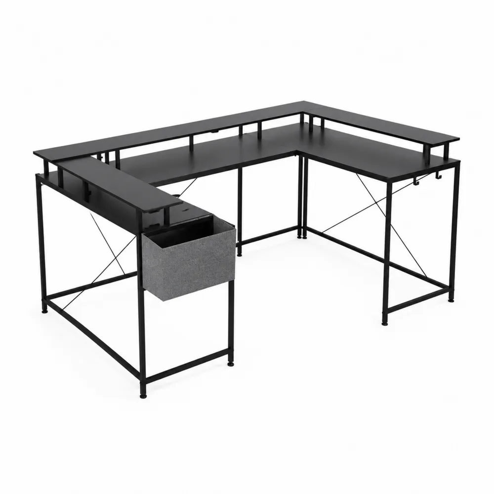 Eckschreibtisch L-Form MDF Metall Schwarz