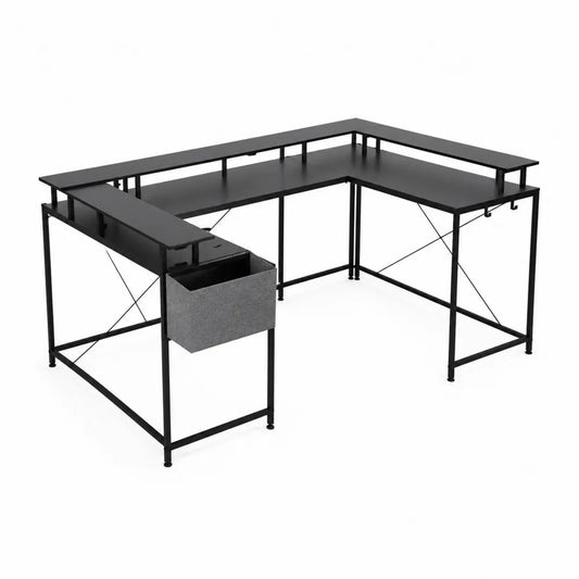 Eckschreibtisch L-Form MDF Metall Schwarz