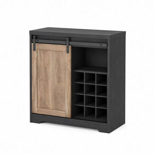 Sideboard mit Schiebetür und integriertem Weinregal aus Laminat, Schwarz/Holzoptik