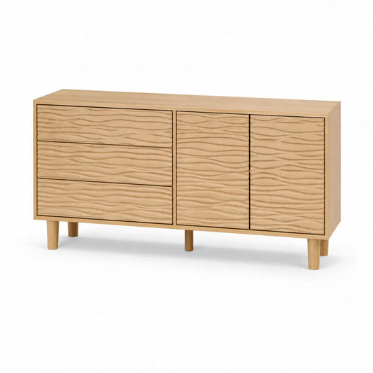 Sideboard aus furniertem Eichenholz mit Wellenmuster, Natur, 150x40x75cm